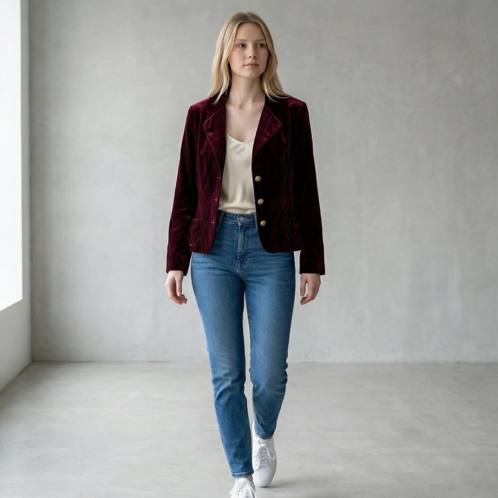 Axcess Velvet Velour Y2K Pockets Holiday Party Blazer Womens‎ 14 Red Gold Button